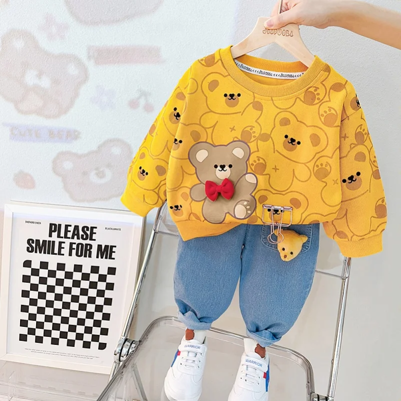 Ropa de bebé, traje de oso para niños y niñas, pantalones de manga larga con letras, conjuntos de ropa deportiva simples de ocio de dos piezas