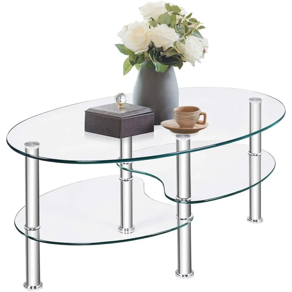 

Contemporary 2-Tier Oval Glass End Table with Tempered Glass Shelves and Chrome Legs for Home or Office