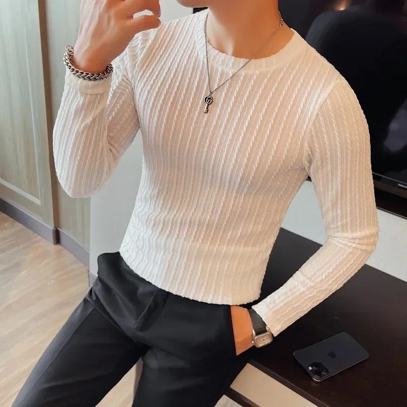 Men's Stripe T-Shirt Autumn Winter New Long Sleeve T Shirts For Men Clothing Round Collar Slim Fit Casual Tee Shirt Homme 4XL-M