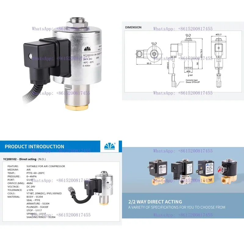 for YC200102 Series 1/4 Inch Custom Air Compressor with High Pressure Brass Stainless Steel Solenoid Valve 24V 220V AC