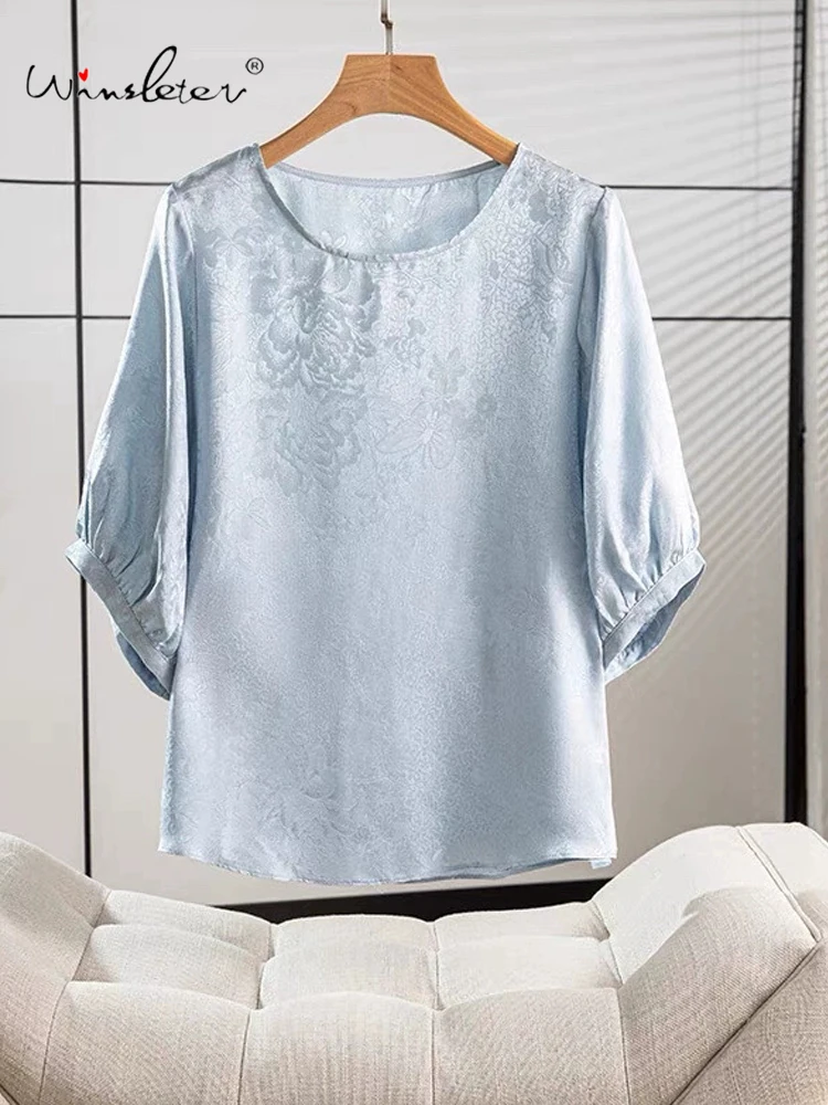 

Winsleter-100%Real Silk Elegant T-shirt, Woman O Neck Half Sleeve Jacquard, Versatile Commute Loose Top, 2025 Autumn T58667CC