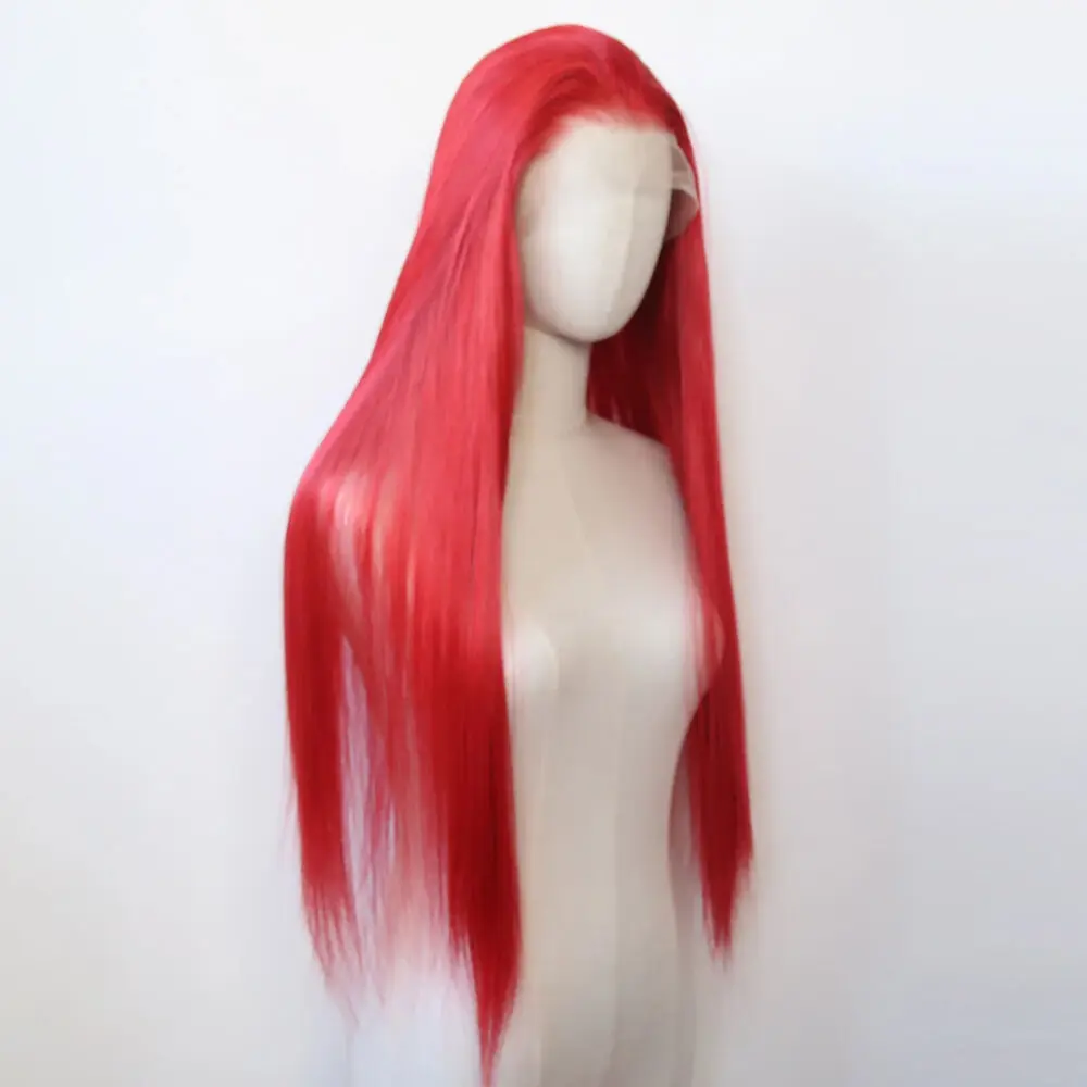 Pelucas frontales de encaje en T sin pegamento, cabello sintético liso Natural rojo resistente al calor