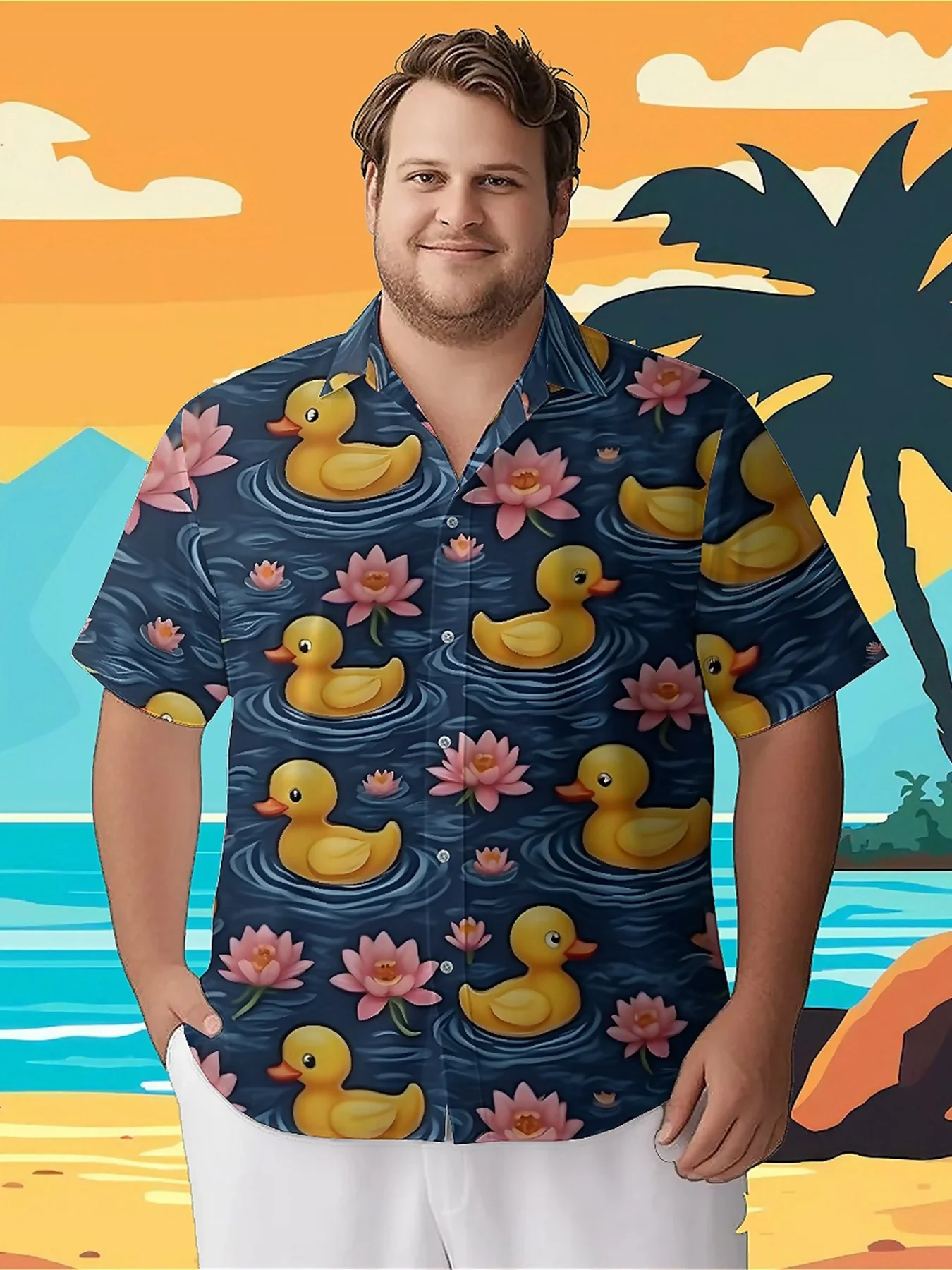 

Men's Plus Size Hawaiian ShirtsLove Ducks and Pink Lotuspattern, Button Up Shirts, Unisex Casual Clothing, Summer Tops