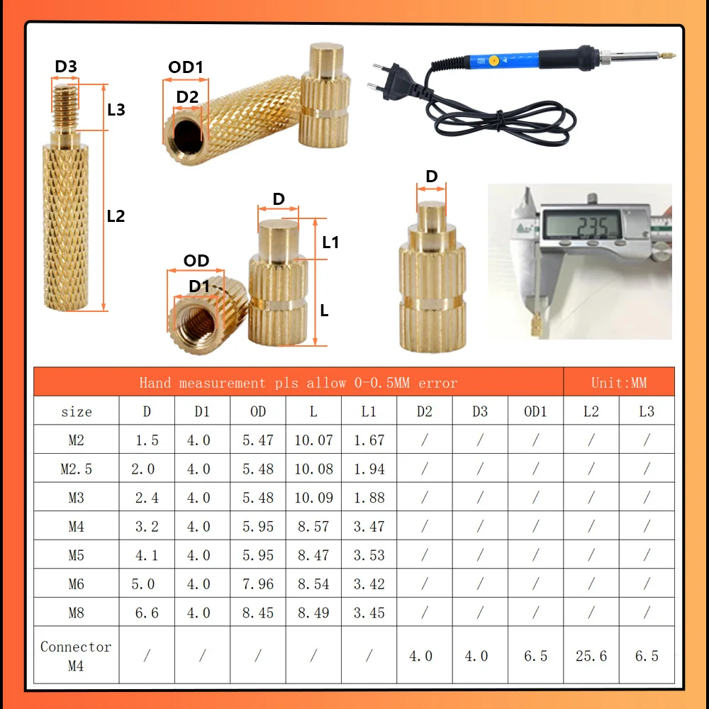 Inserto in ottone dado saldatore testa di guida Hot Melt M2 M2.5 M3 M4 M5 M6 M8 filettatura termica inserto integrato strumento dado stampante 3D in