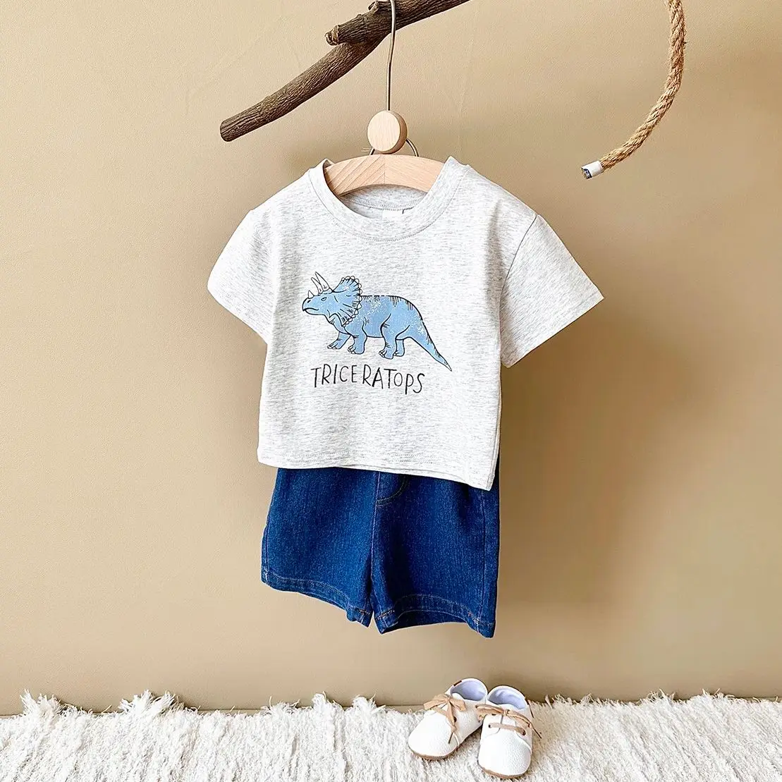 New Infant Outfit Newborn Baby Boy Clothing Summer Set Cartoon Dinosaur Print Cotton T-shirt Denim Shorts Girl Clothes 0-3 Years