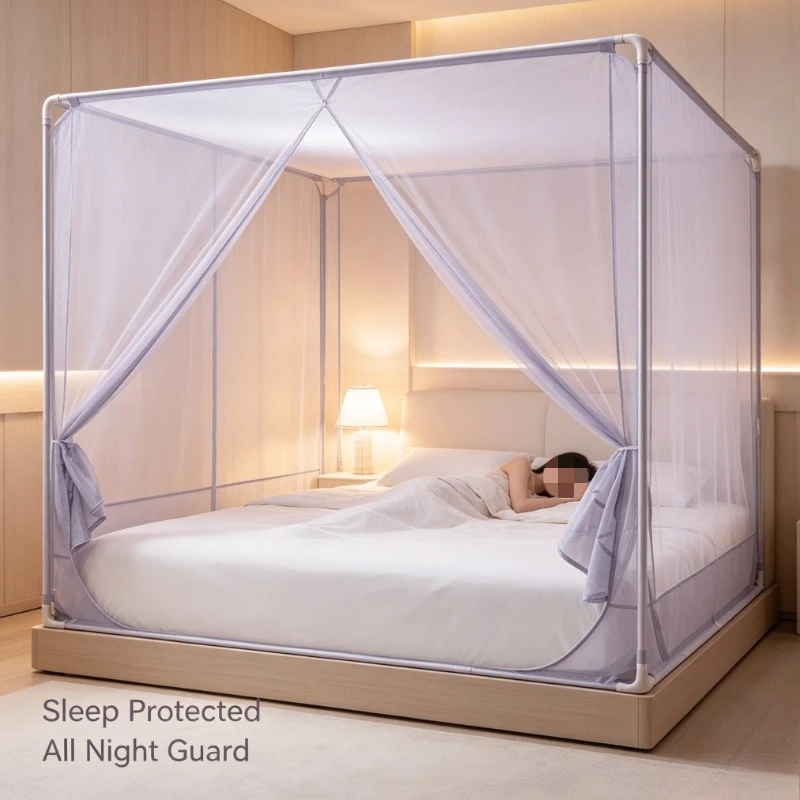 Three-Door Bed Canopy Mosquito Net with Full-Bottom & Anti-Fall Design for Bedroom Home Use Elegant Lace Trim Decor