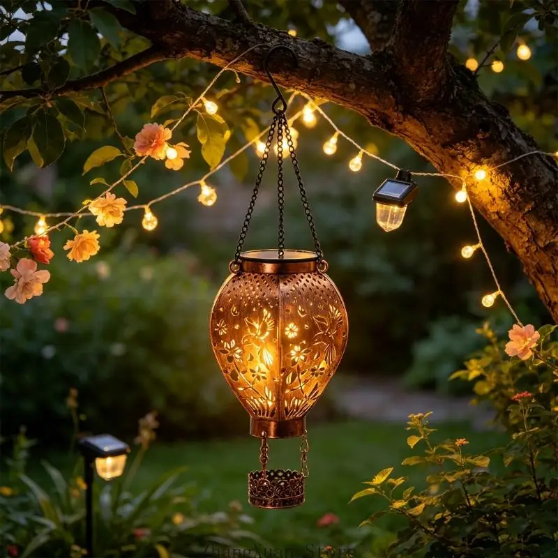 Metal Hanging Light with Hot Air Balloon Profile, Sun Panel Top, Chain and Hook for Garden Porch Corner or Yard Limb Home Use