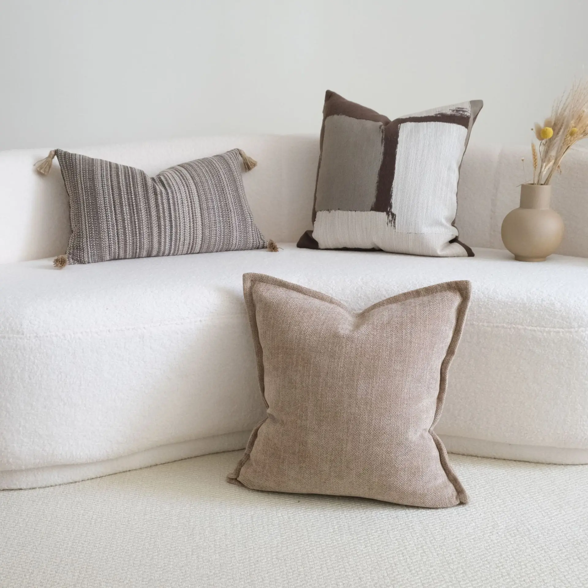 Grey-Coffee Color Series Wide-Edge Pillowcase Mid-Century Plaid Piped Lumbar Pillow Cover Sofa Cushion Cover Backrest