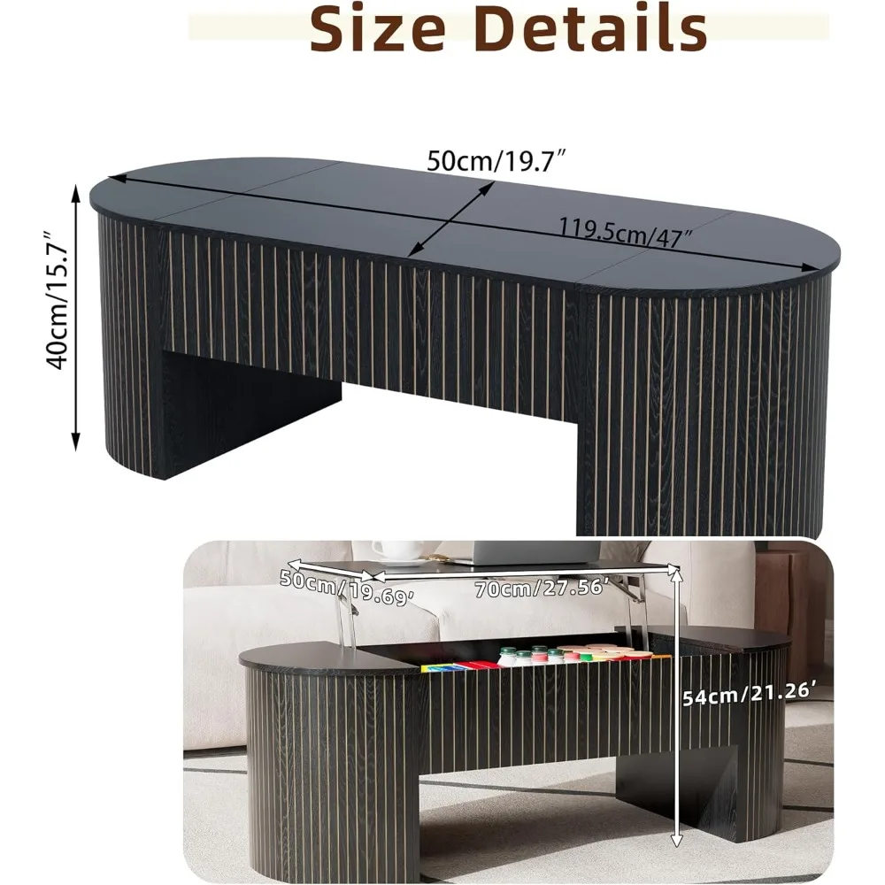 Grande mesa de centro de madeira preta de 47 polegadas com armazenamento oculto para modo de sala de estar