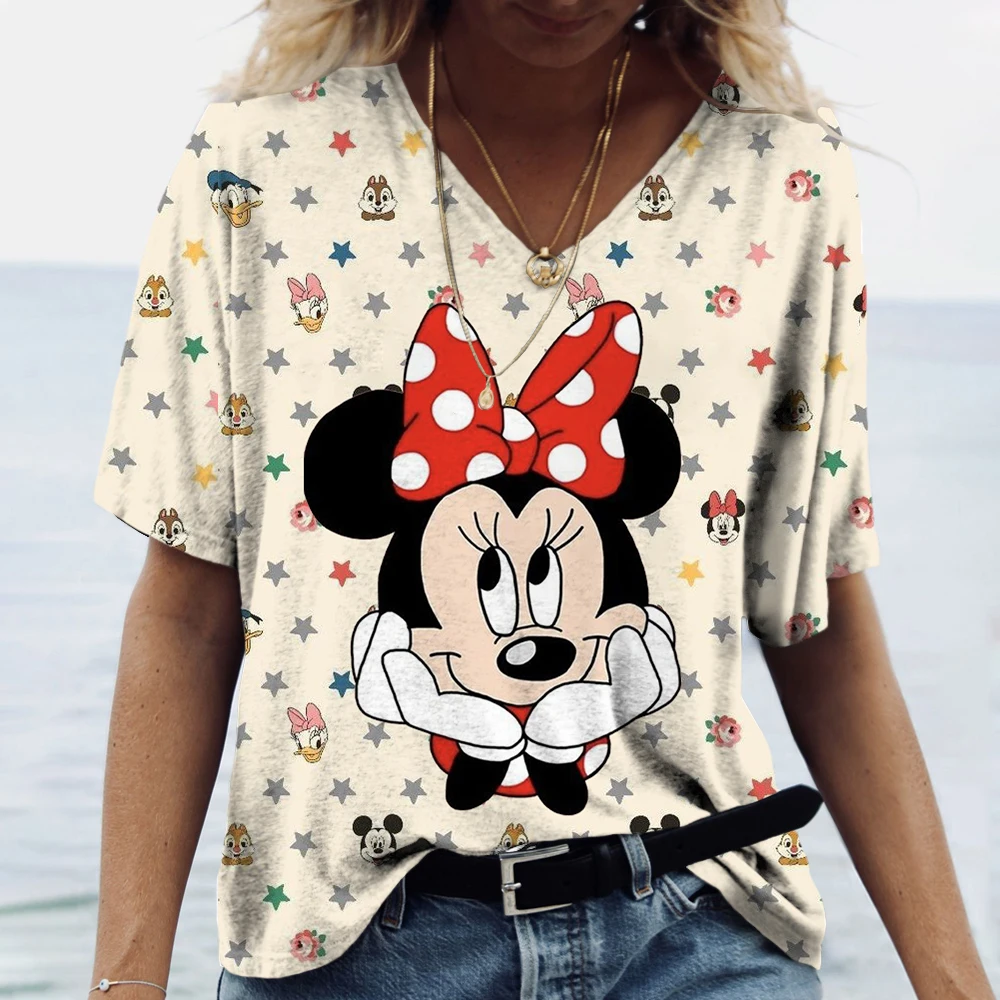 2024 Plus Size Spring/Summer New Mickey Mouse Print Casual Fashion Women\'s V-Neck Short-Sleeved Loose T-Shirt 3XL