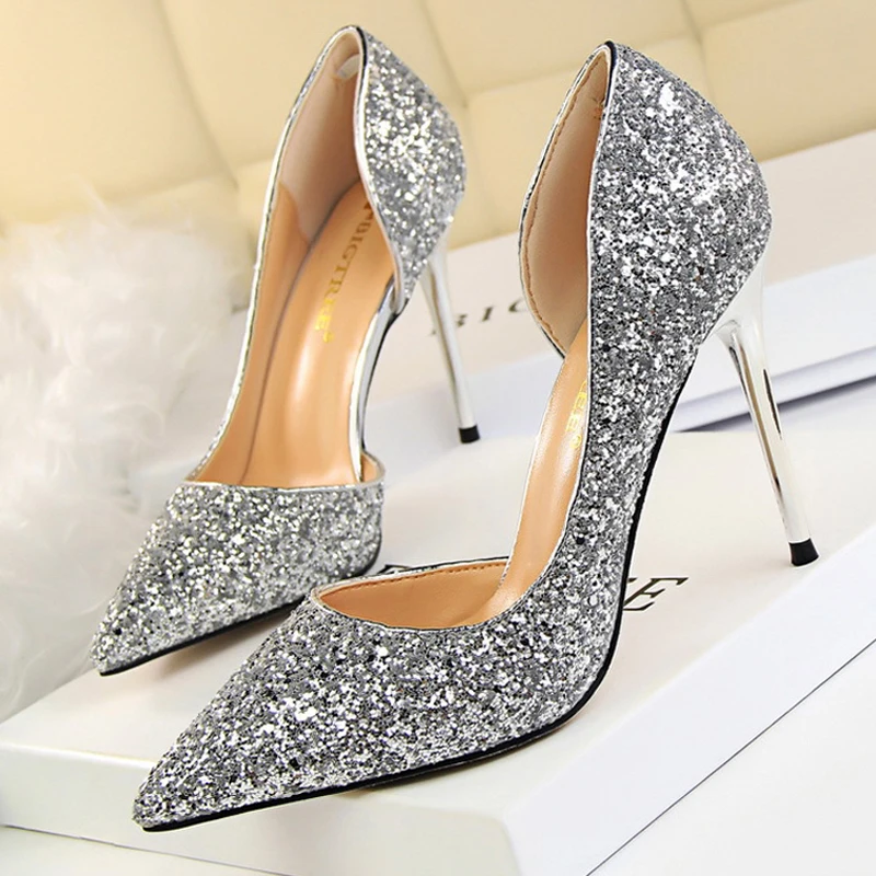 BIGTREE Shoes Champagne Women Pumps Sequin Wedding Shoes Stiletto High Heels Women Shoes Luxury Party Shoes Pumps Plus Size 43