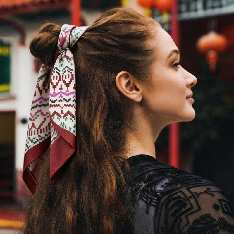 

Boho Vintage Women Silk Satin Skinny Scarf Floral Geometric Print Hair Scarf Neck Scarf Headband Hair Tie Bag Scarf for Daily