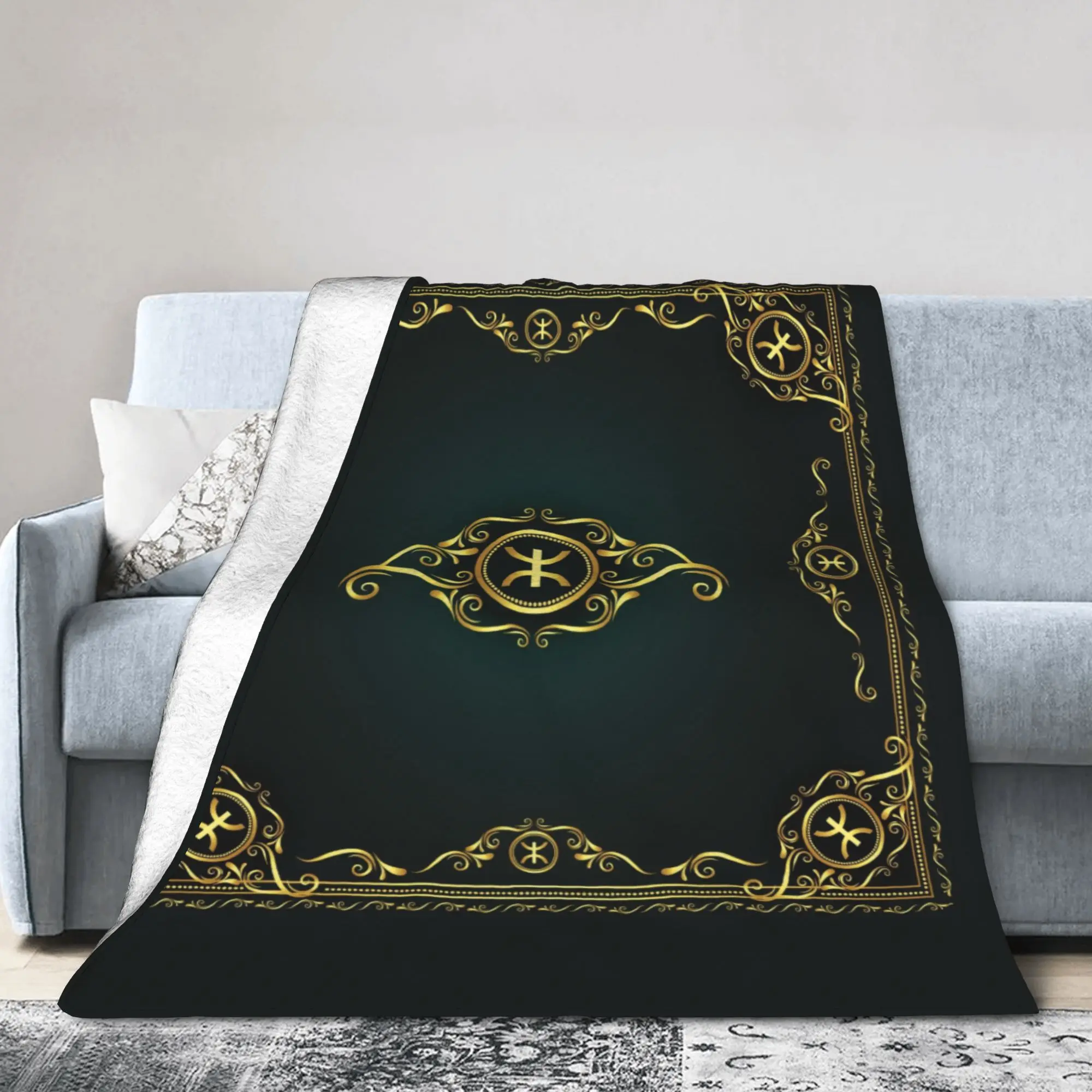 Custom 3D Printed Gold Z Imazighen Amazigh Blankets Breathable Soft Flannel Kabyle Folard Throw Blanket for Couch Office Bedroom