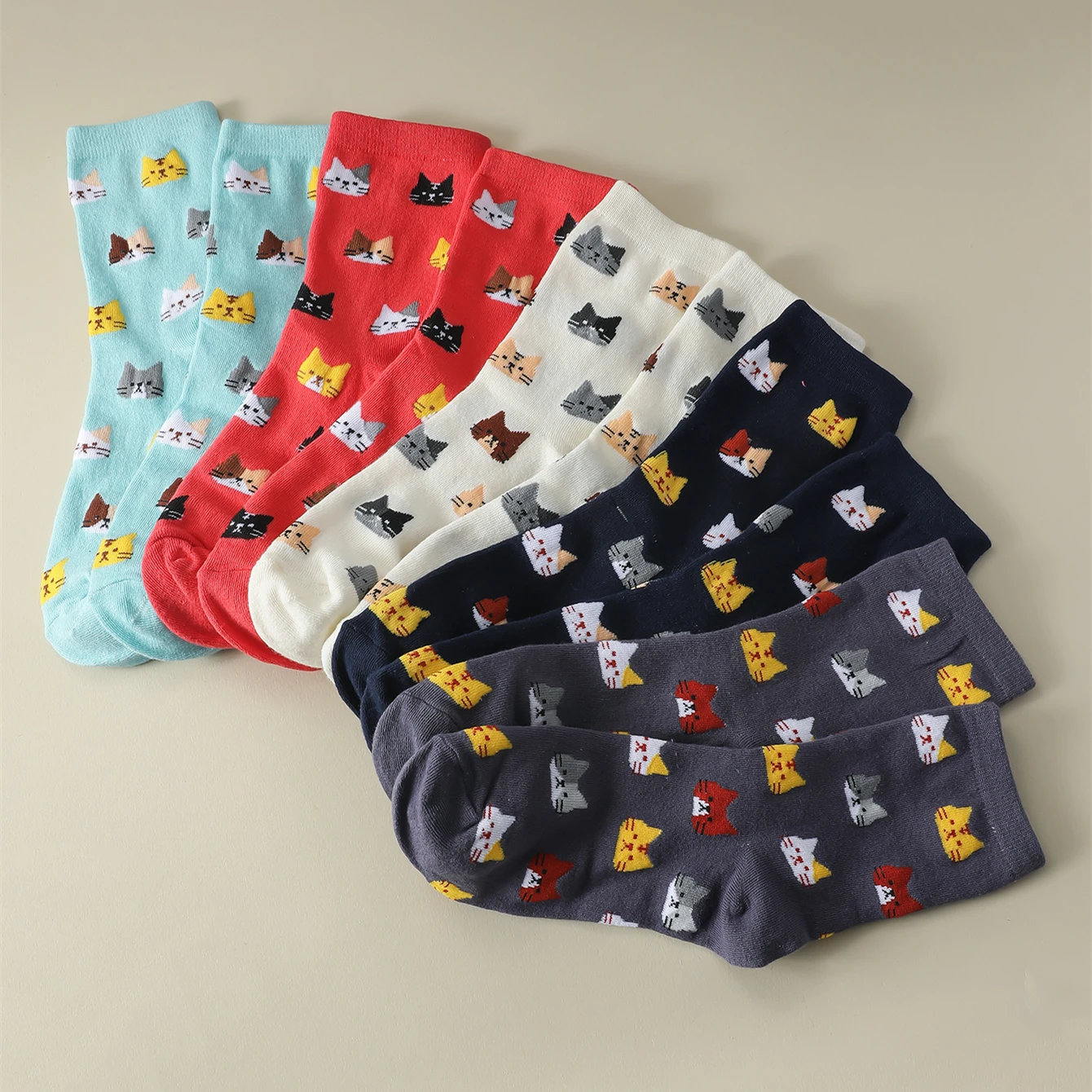 5 Pairs Women Cat Pattern Crew Funny Cartoon Socks Lot