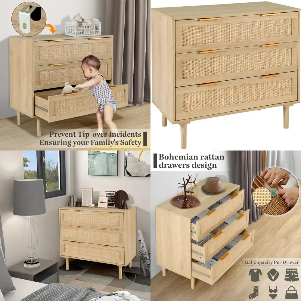 

Комод для хранения из дуба и ротанга для детской комнаты, подходит для прихожей и гостиной