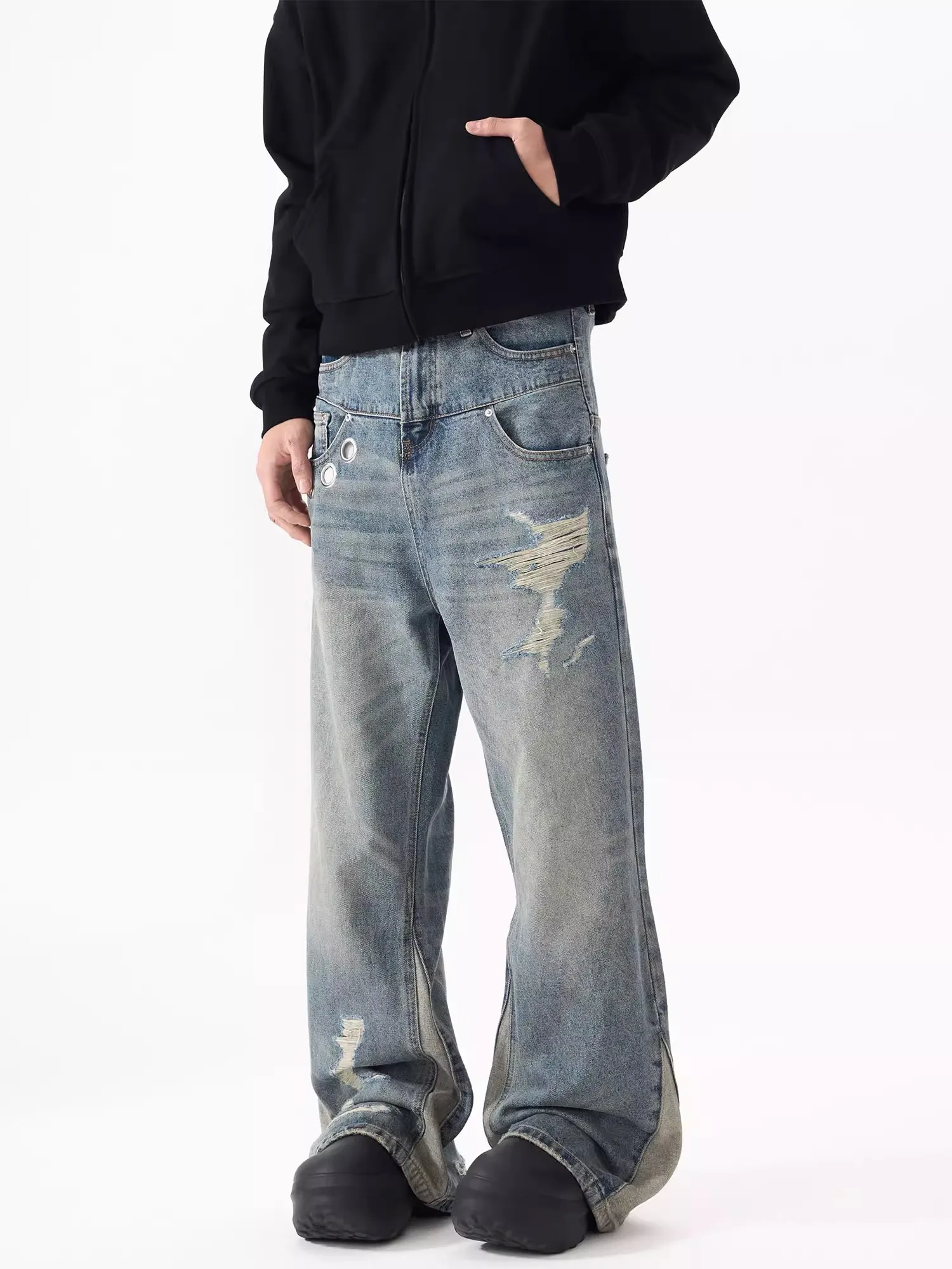 الرجعية الأمريكية تصميم الجينز زوجين مباراة البالية نظرة فضفاضة السراويل الطويلة عارضة مستقيم الساق الجينز الاتجاه الشباب