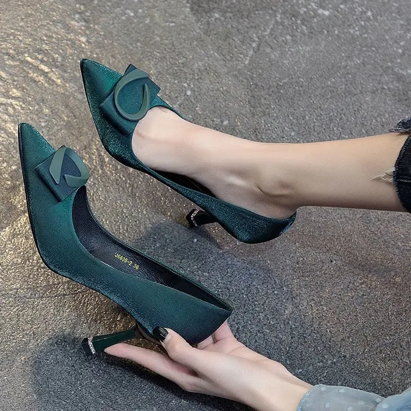 Pumps Evening Green Woman Footwear on Heeled Pointed Toe Shoes for Women Party High Heels Thin Non Slip E L Stylish Spring Young