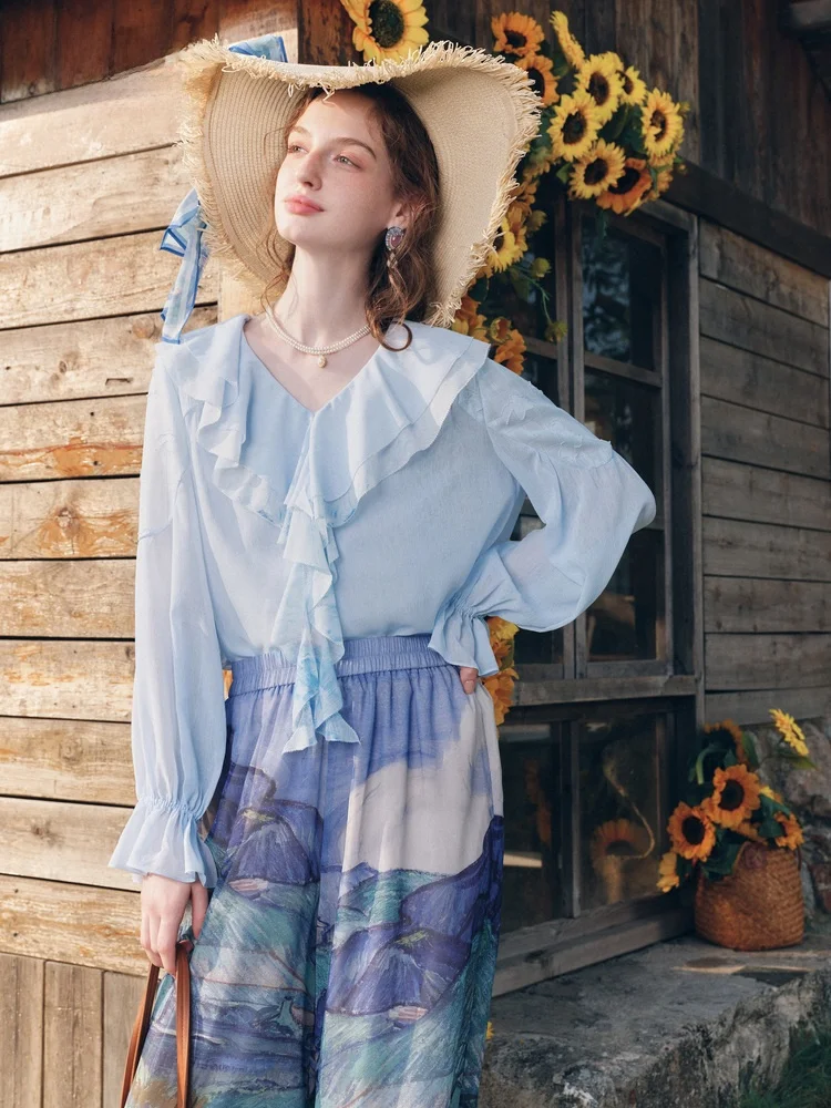 

Spring 2026 New Sle Two-Piece Set Women's V-Ne Splicing Sve Floral Embroidery Light Water Jasmine Chiffon irt