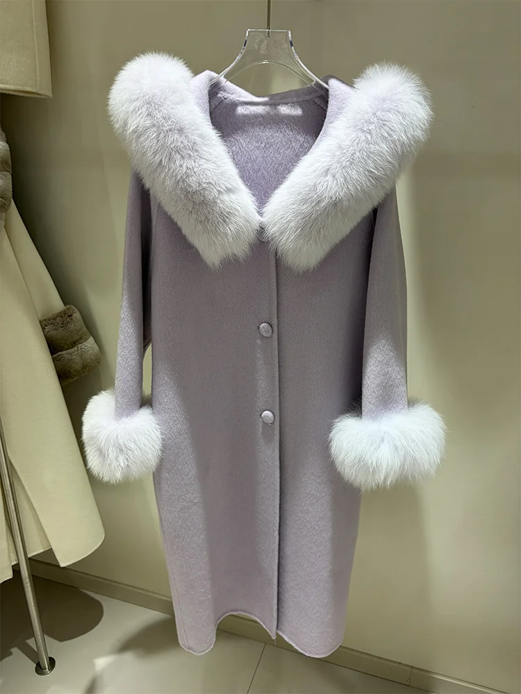 Winter Women Woolen Long Coat Natural Fox Fur Trim Collar & Cuffs Lavender Purple Female Loose Fashion Outer Jacket