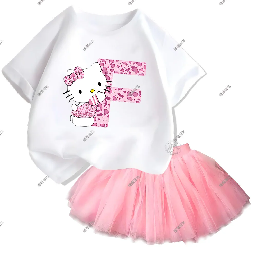 Children\'s Cotton Loose Tops Short Sleeve T-shirt and Fluffy Fashion Skirt Girls Casual Everyday Alphabet Print Hello Kitty Sets