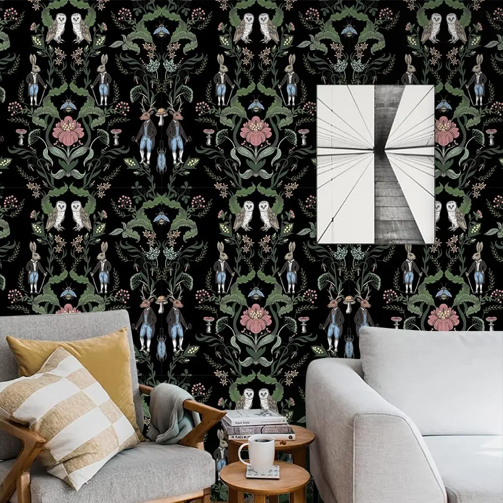 Forest Animal Wallpaper Vintage Rabbit Owl Bee Mushroom Floral Botanical Peel and Stick Removable Wall Mural Home Bedroom Decor