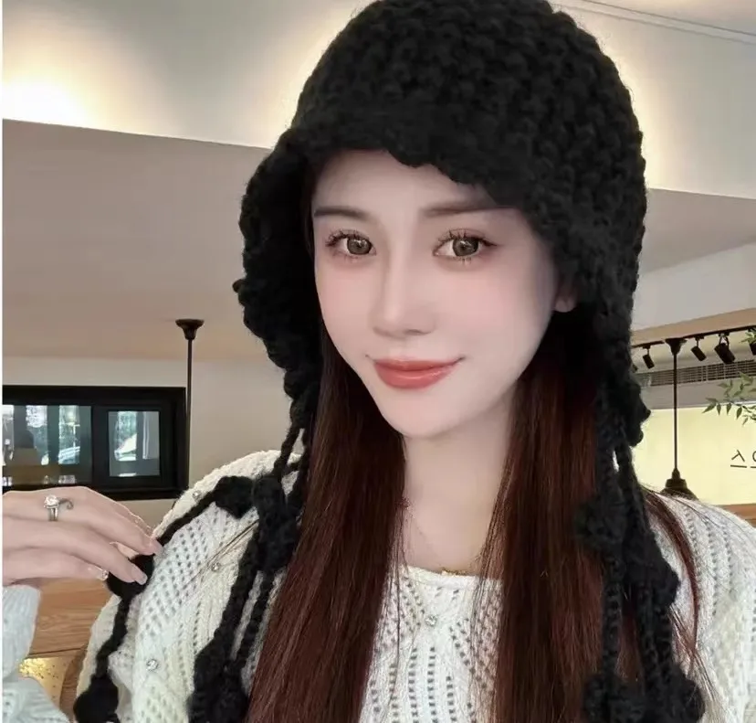 

Fashion handwoven tassel ball wool hat warm ear strap knit hat