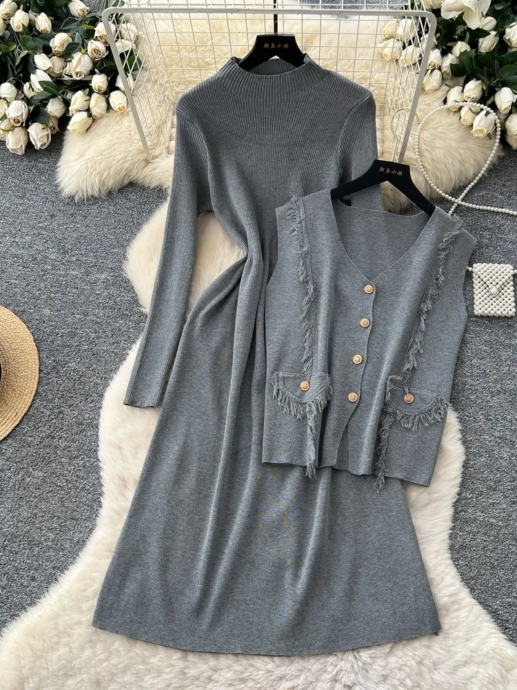 

Casual Loose V-neck Single breasted Vest+Mock Neck Solid Full Sleeve Maxi Knit Dresses 2-piece Set Autumn/Winter Women's Sets