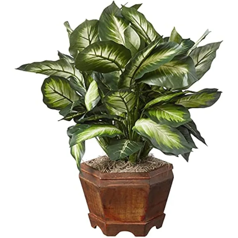 22IN Artificial Triple Golden Dieffenbachia Plant with Decorative Wood Planter, Faux Plant for Indoor Home Décor