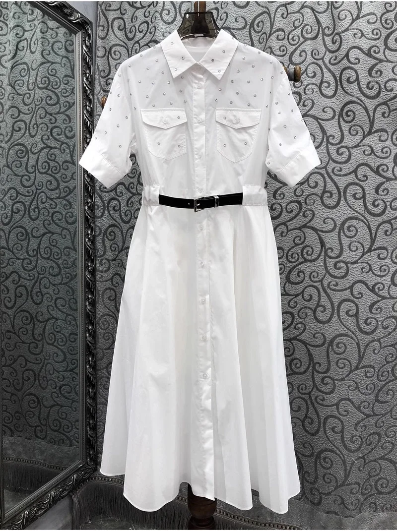 

Top Quality New Cotton Dress 2024 Summer Clothes Women Turn-down Collar Crystal Beading Short Sleeve Mid-Calf White Pink Dress