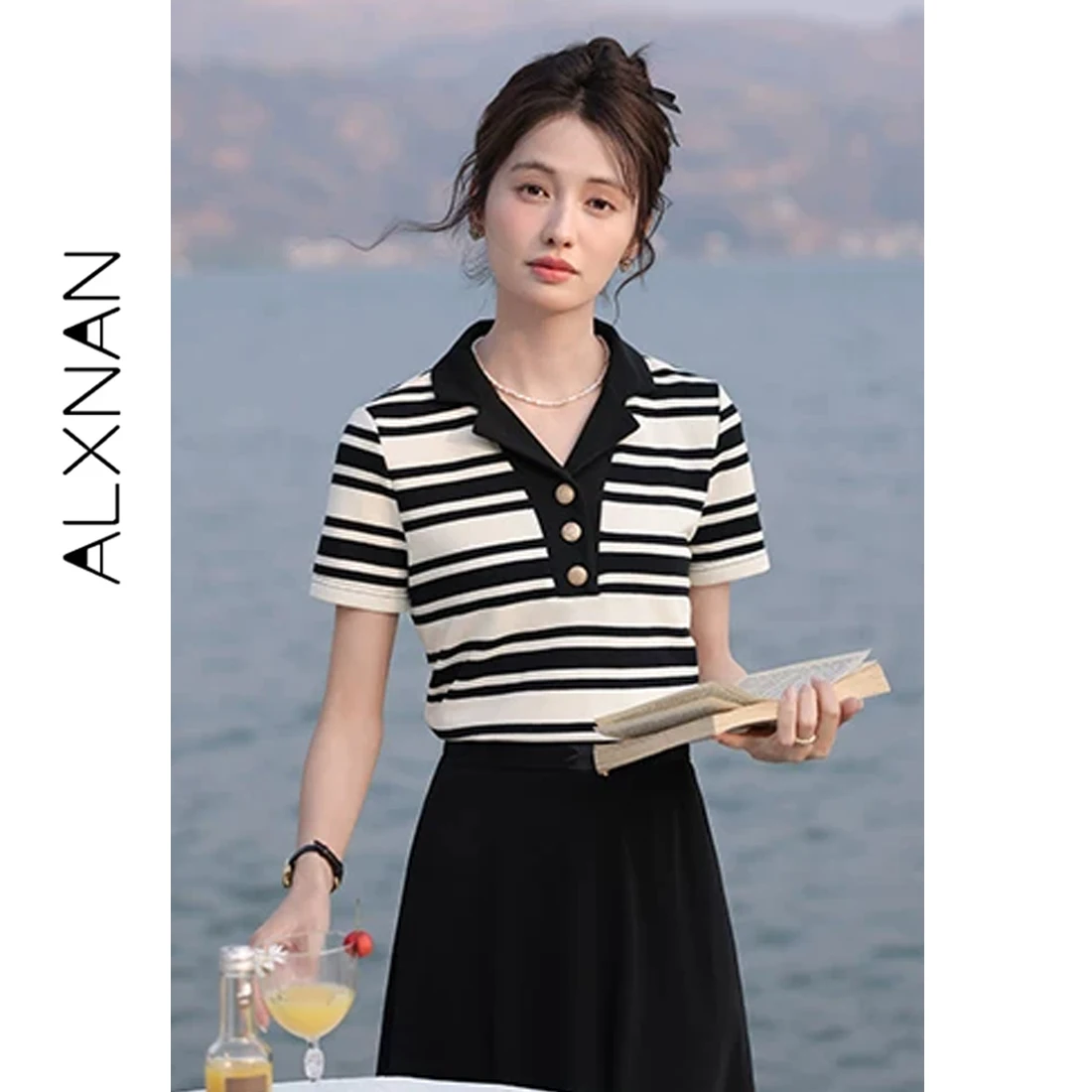 

ALXNAN Striped T-shirt Polo Collar Short Sleeve Knitted T-shirt Women 2026 Summer Elegant Casual Loose-fit Tops Ladies L55333