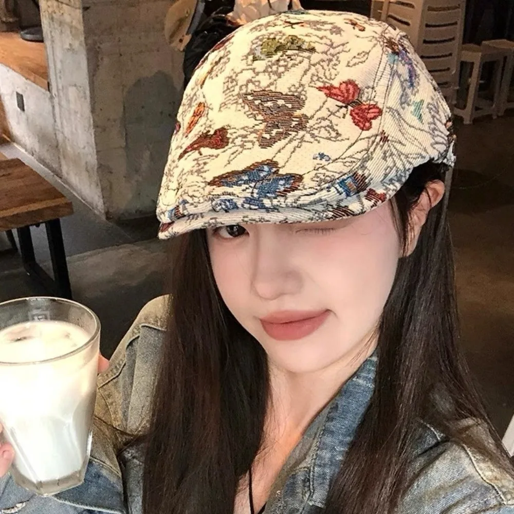 

Vintage Retro Newsboy Cap Reversible Design Casual Artist Painter Hat Ethnic Style Sweet Butterfly Embroidered Beret