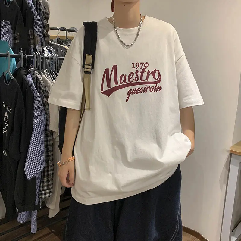 

Korean style men short-sleeved T-shirt Hong Kong style American letter print retro trendy oversize half-sleeved couple T-shirt