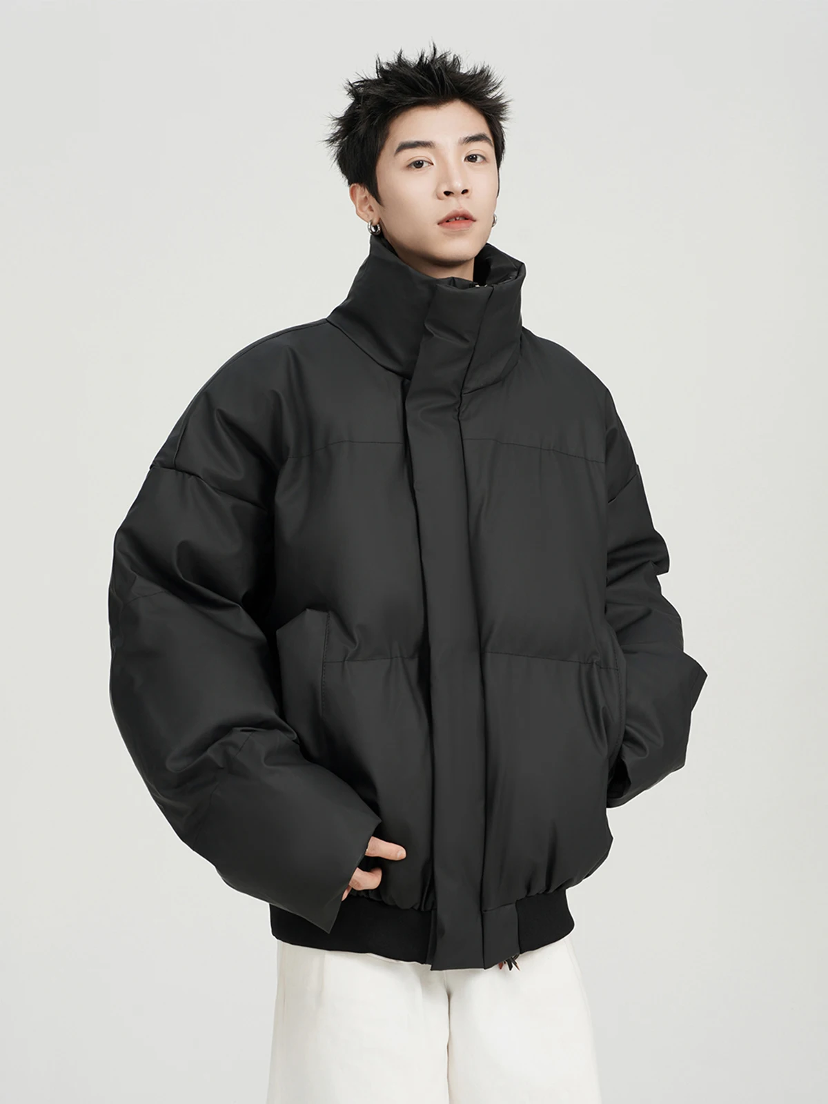 

American Sle Pure Color Stand Collar PU Leather Cotton Jaet Men's Trendy Brand Winter Loose High-End Versatile Thiened ...