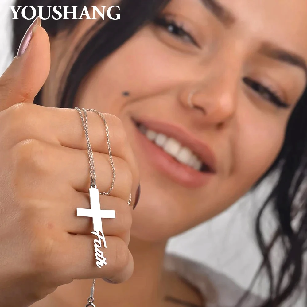 

YOUSHANG Custom Name Cross Necklace Unisex Holiday Accessory Stainless Steel Personalized Pendant Christian Baptism Gift
