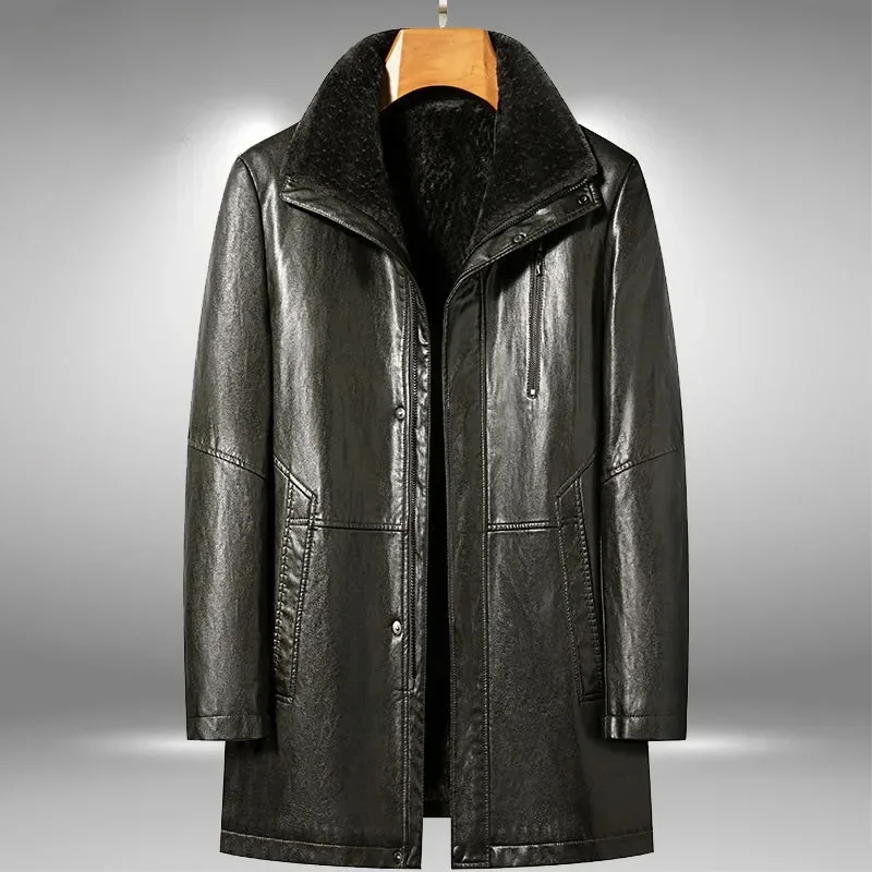 2025 New Men Fashion Casual Fur Integrated Leather Coat Winter Men Mid-Length Thickened Wool Liner Warm Sheep Leather Jacket