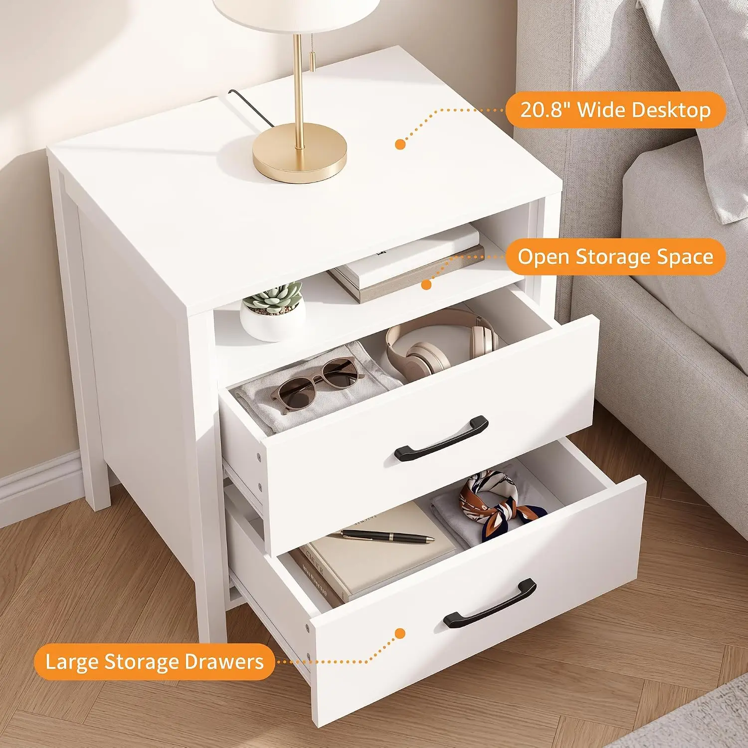 White Nightstand with 2 Drawers, Modern Bedside Table for Bedroom, Customized