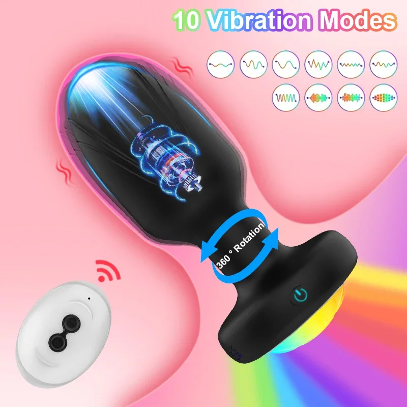 360° Rotation Vibrating Butt Plug for Men Wiggle Prostate Massager Remote Control Anal Vibrator with LED Sex Toy for Couples