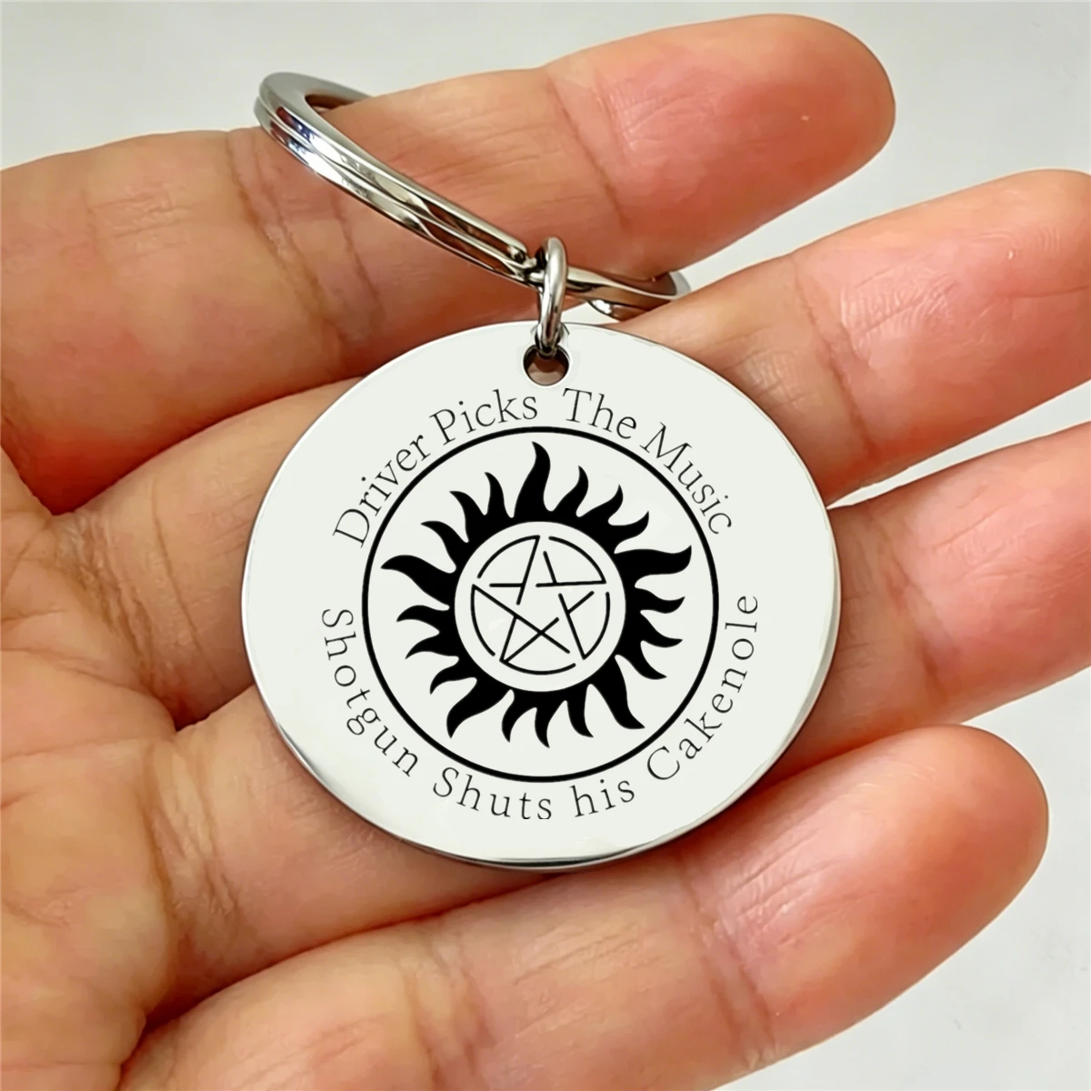 1Pc Engraved Round Keychain Driver Picks The Music Shotgun Shuts His Cakenole Supernatural Anti Possession Mark Merchandise Gift