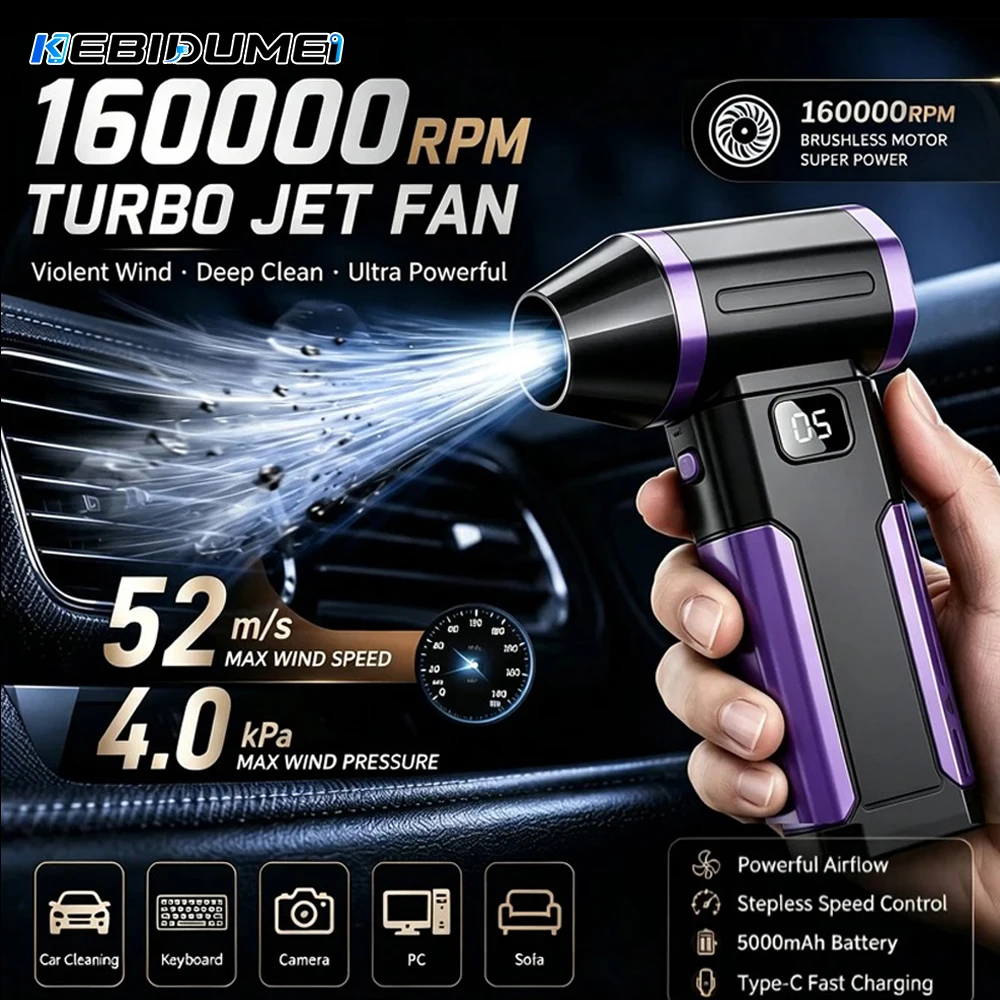 KEBIDUMEI Cleaning Fan 160000RPM High Power Turbine Dust Fan Turbo Fan X8 Handheld Portable Rechargeable PC Fan Pet Hair Dryer