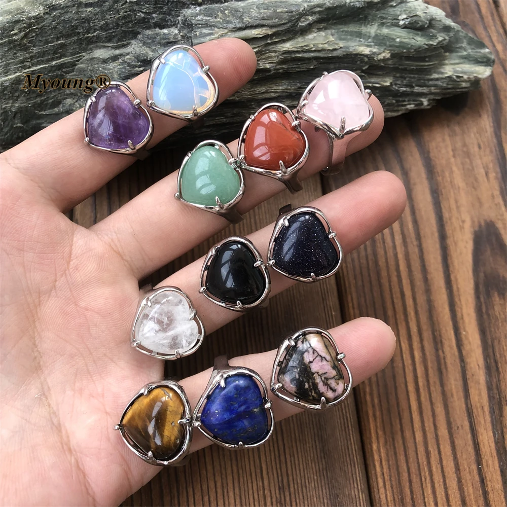 Wholesale Heart Shape Natural Gems Tiger Eye Stone Crystal Quartz Amethysts Lapis Adjustable Rings For Women MY221019