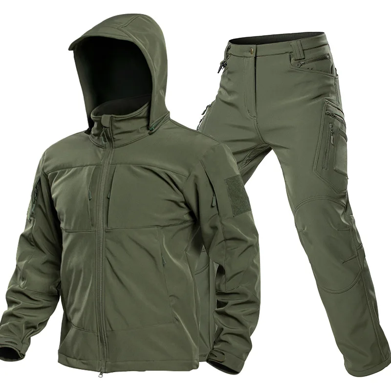 Outdoor Tactical Softshell Suit for Men Hooded Full Zip Jacket Cargo Pants Windproof Multi‑Pocket Set for Hunting Hiking Camping view 2