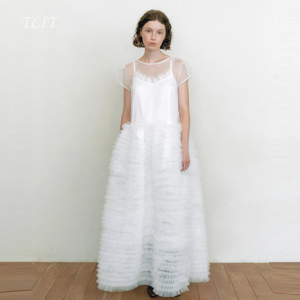 TLIT Lovely White Tiered Tulle A-Line Wedding Dress Customized Organza Coat Corset Bridal Gown Korea Wedding Dress Photos Shoot