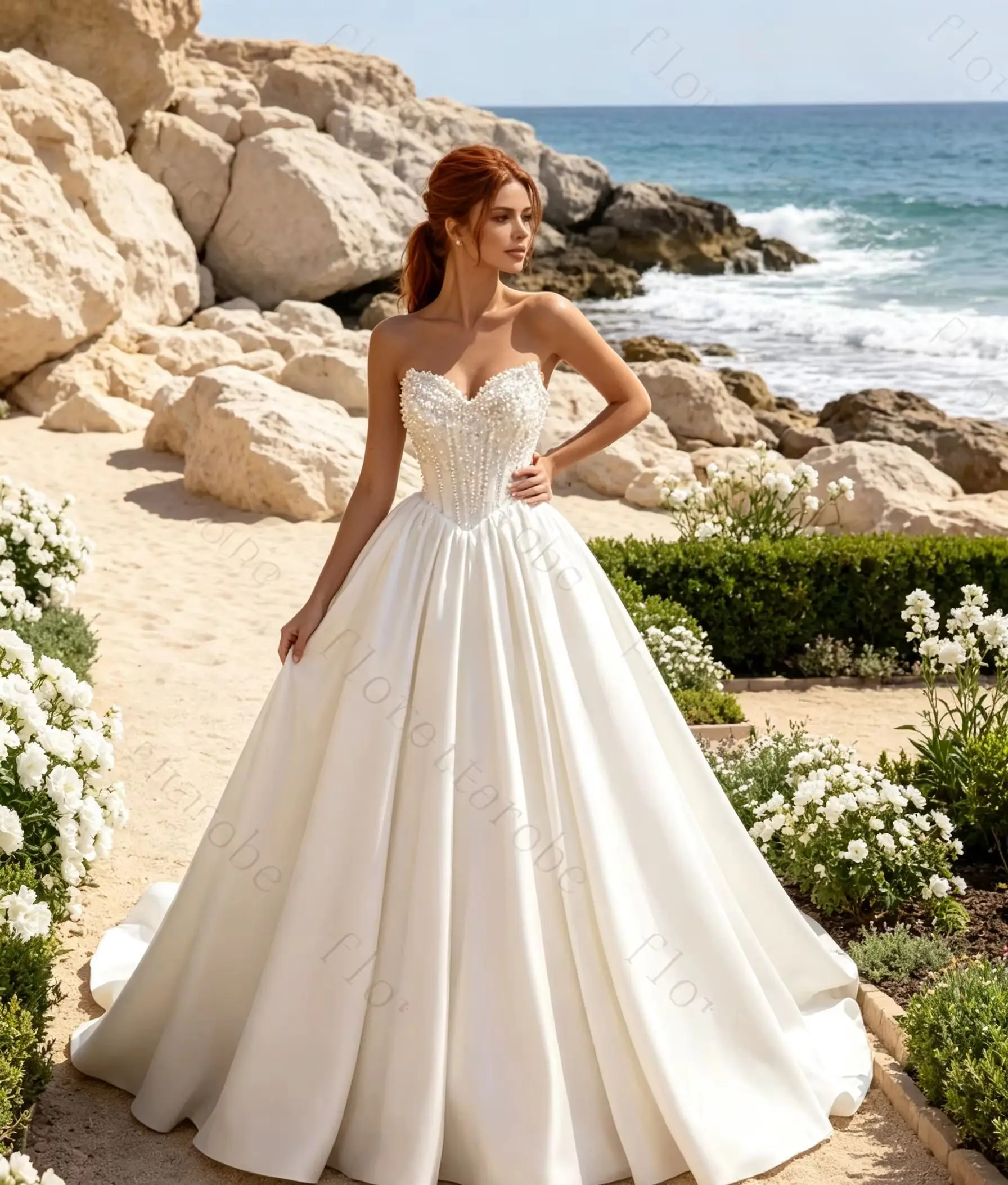 Customized Simple Neck Sleeveless Sweetheart A-line Backless Sweep Train Wedding Dresses Embellishment Pearl Fold Bridal Gowns