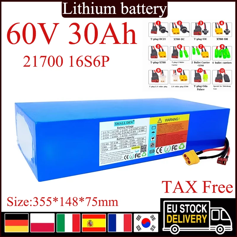 New 16S6P 21700 60V 30Ah Lithium Battery Pack 1000-2500W built-in BMS High Power for Power tools, spare Outdoor portable battery