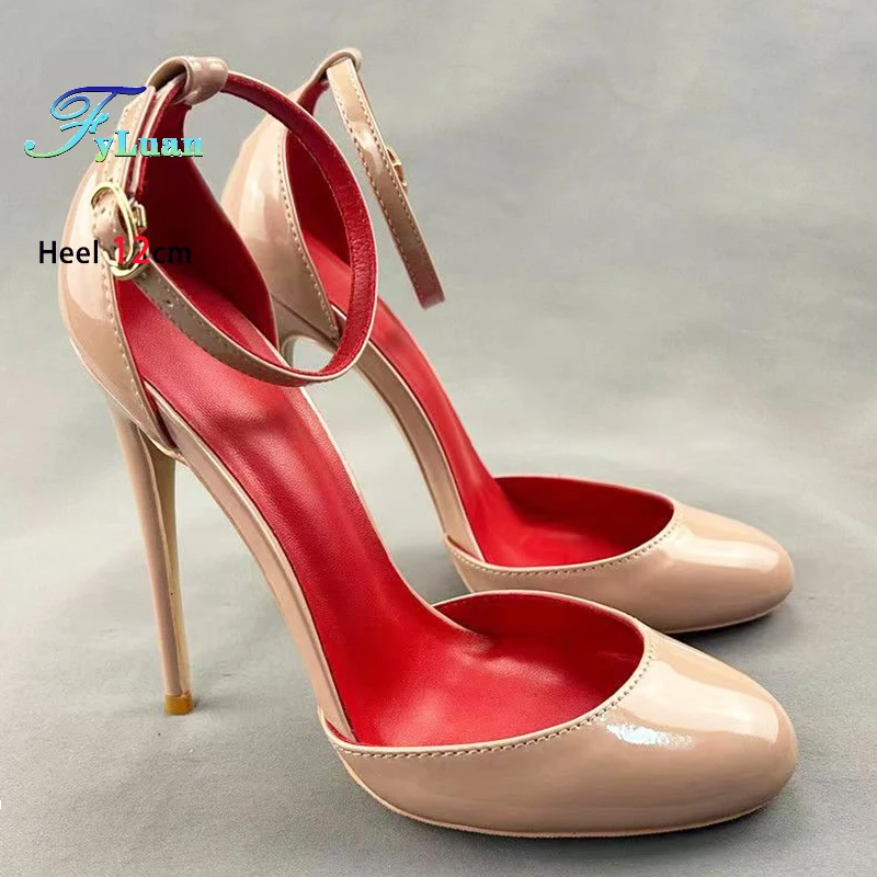 Round Toe Lady Stiletto Solid Color Wedding Shoes Laser Patent Leather Women Ankle Strap Cute Heels Fashionable Plus Size Pumps