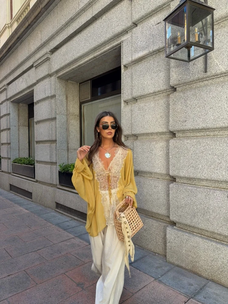 

Bohemian Yellow Sheer Chiffon Blouse Women Chic Lace V-Neck Loose Batwing Sleeve Shirt Summer Casual Vacation Beachwear 2026