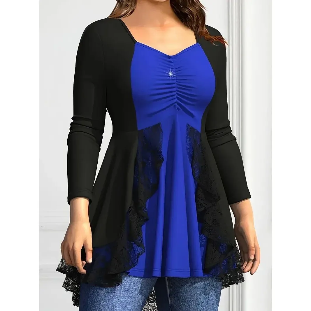 

Women's plus Size Long Sve T-irt Casual Lace Stitching Comfortable Fit for Pear aped Body Winter Collection