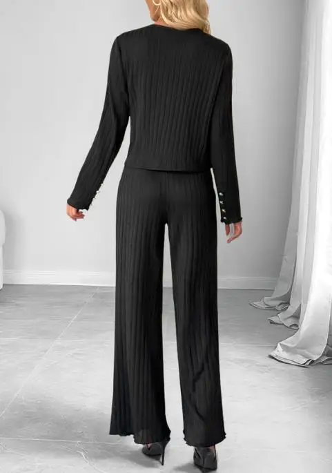 طقم مكون من قطعتين ملابس نسائية لربيع وخريف 2025 جديد بلون سادة سترة أنيقة غير رسمية بسيطة ومجموعة سراويل واسعة الساق غير رسمية