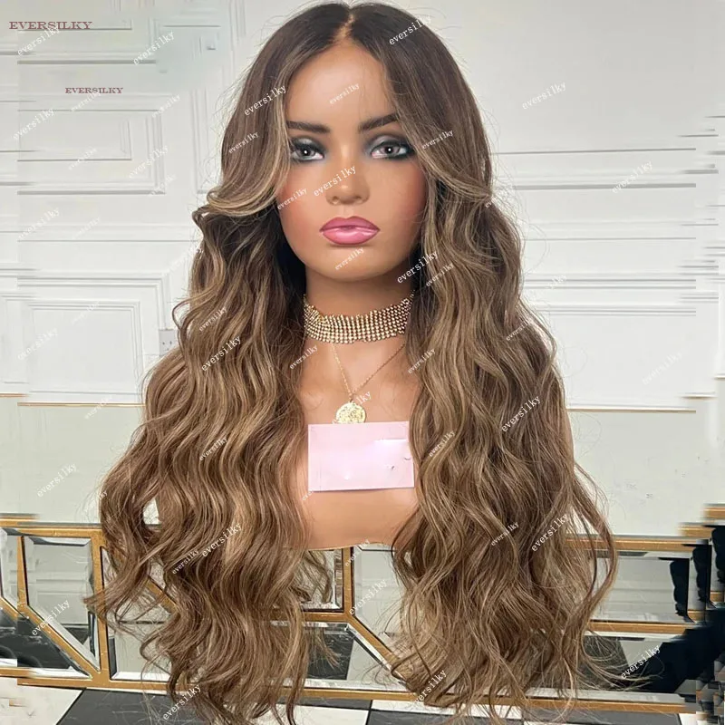 Ombre Chestnut Blonde Full Lace Wigs Human Hair Highlight Auburn Chocolate Brown Body Wavy 360Frontal 5x5 HD Lace Closure Wig