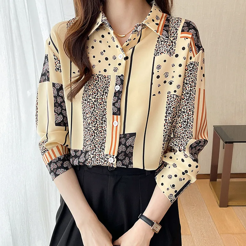 Koreanische Mode Neue Stil Dame Büro Casual Leopard Print Shirt Langarm Bluse Top für Frauen Kleidung